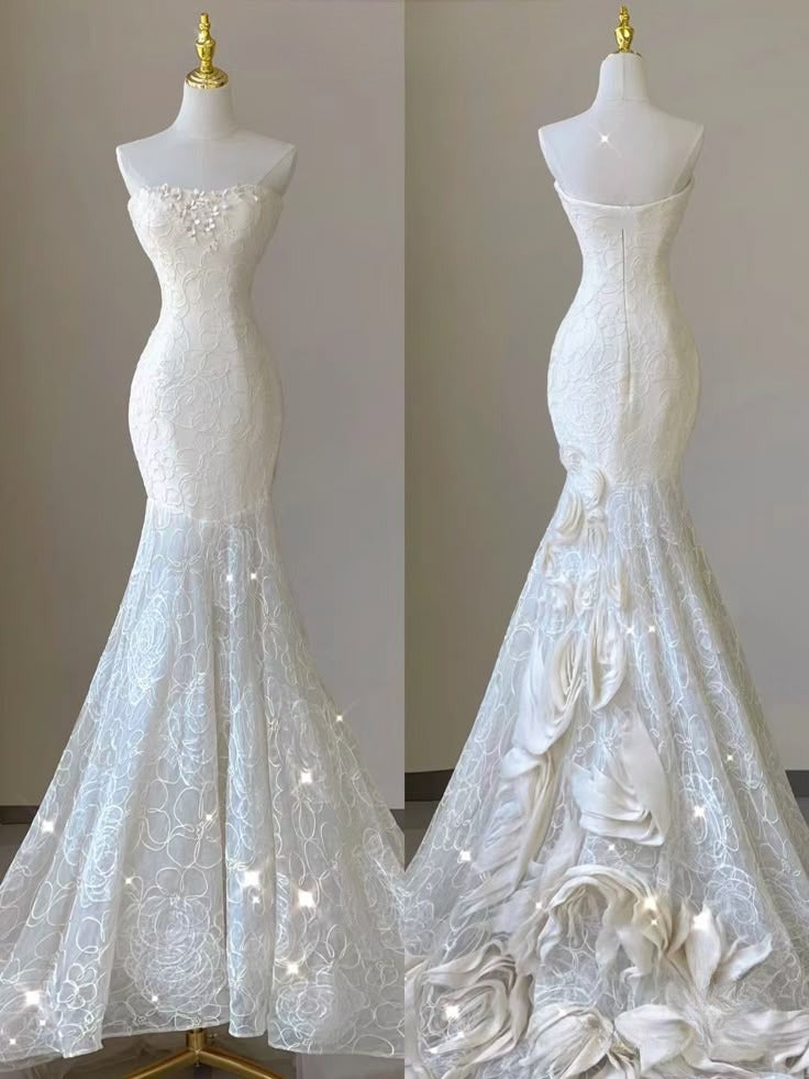 Vestido de novia largo de satén con apliques de encaje y corte sirena, sin tirantes, GG2955