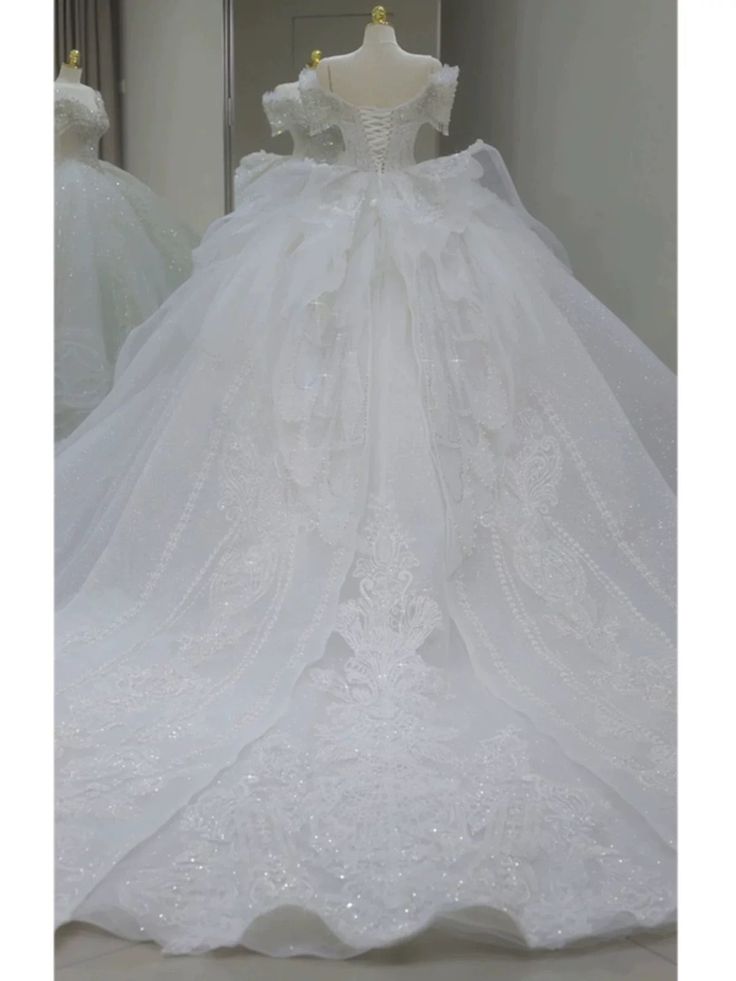 Vestido de novia largo de tul blanco con lentejuelas y hombros descubiertos, estilo clásico GG2960