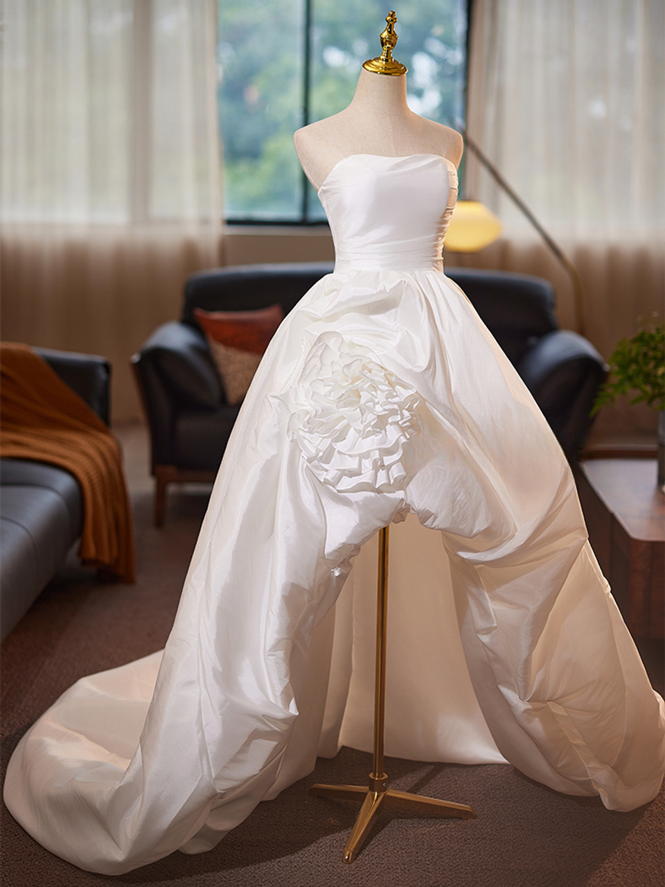 Vestido de novia largo de satén sin tirantes, único, GG2978