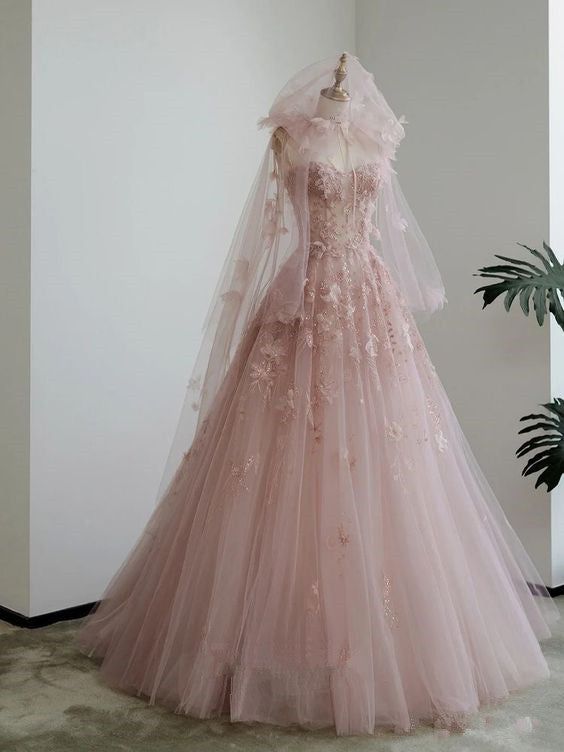 Princess A Line Spaghetti Straps Tulle Applique Long Wedding Dress GG3008