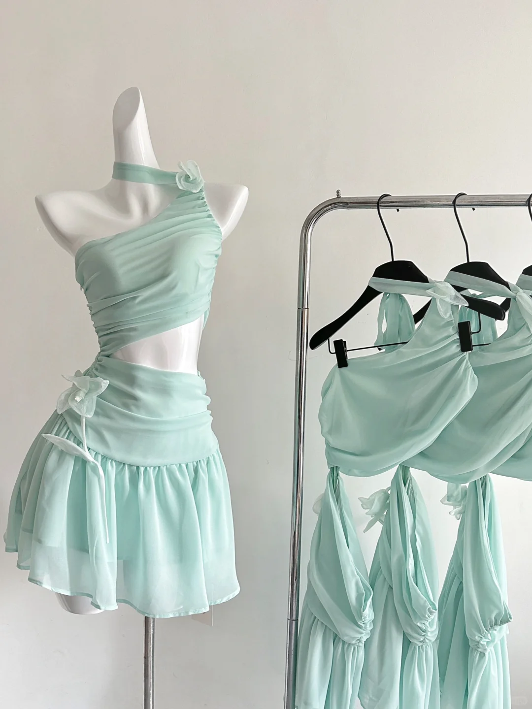 Vestido de fiesta corto de gasa azul Tiffany, corte A, un hombro, único, para regreso a casa y cumpleaños GG3105