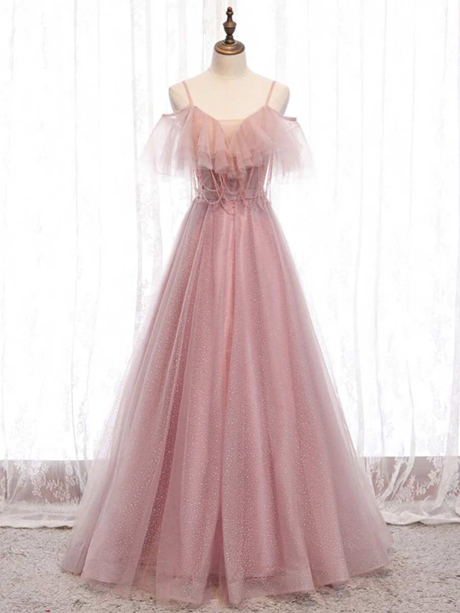 Elegante vestido de fiesta largo de tul rosa con escote en A, tirantes finos y hombros descubiertos, vestido de noche GG315