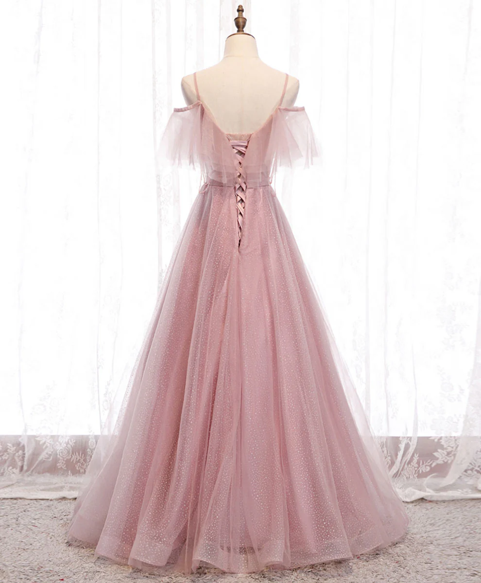 Elegante vestido de fiesta largo de tul rosa con escote en A, tirantes finos y hombros descubiertos, vestido de noche GG315