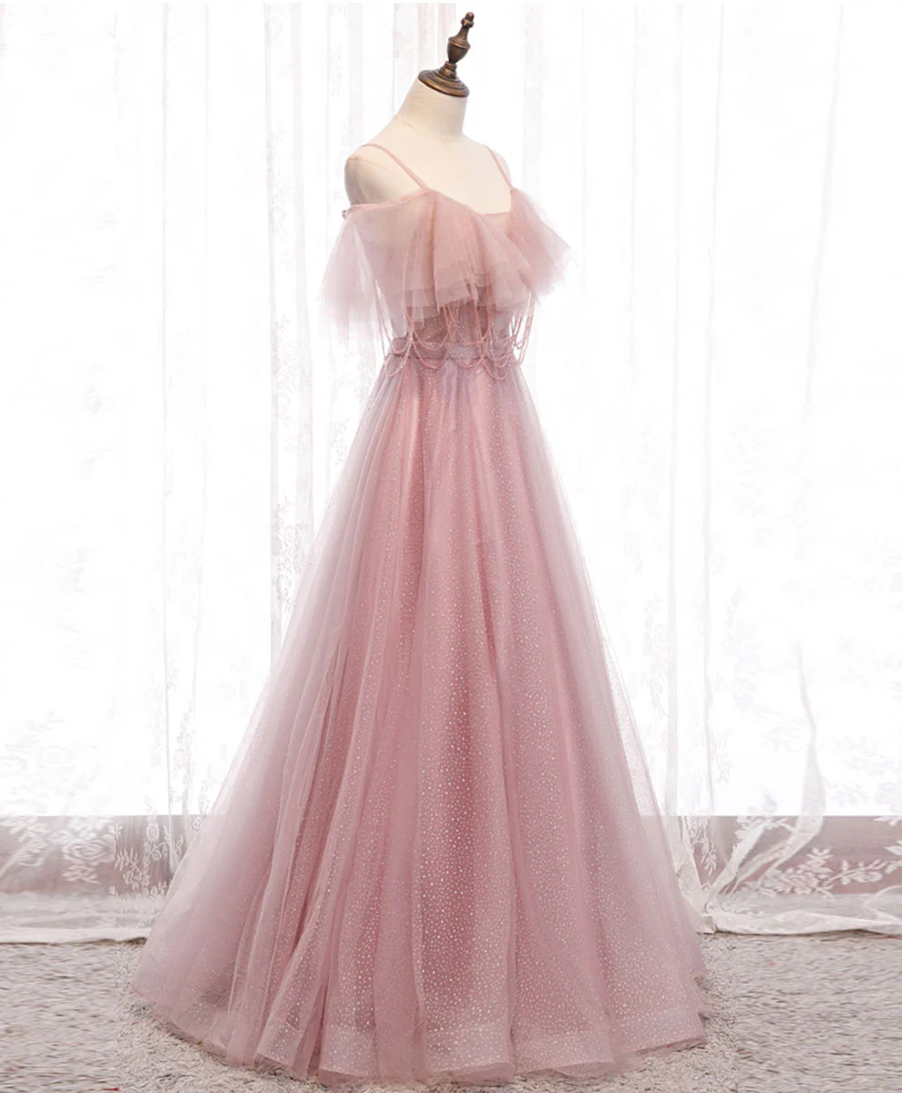 Elegante vestido de fiesta largo de tul rosa con escote en A, tirantes finos y hombros descubiertos, vestido de noche GG315