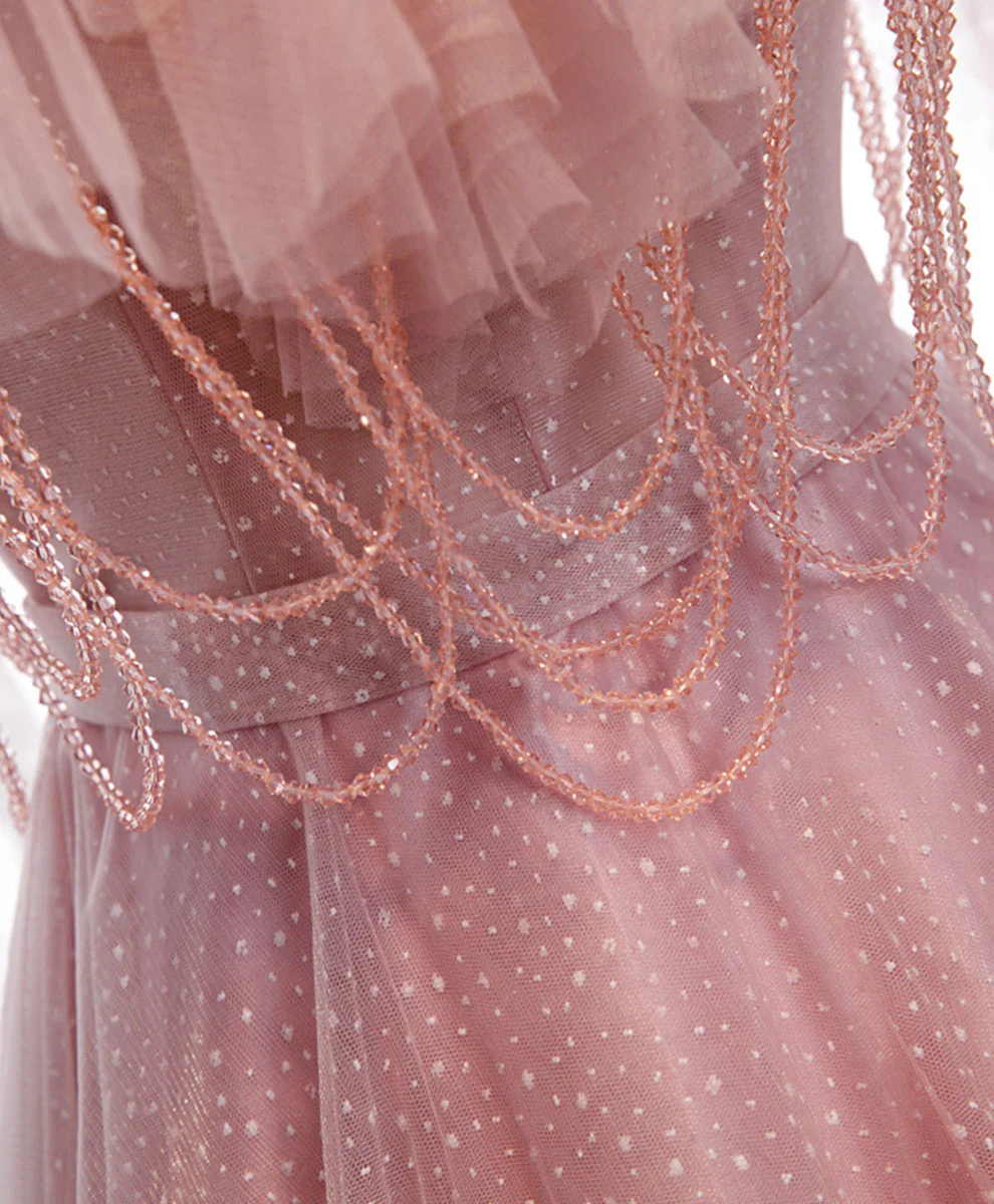 Elegante vestido de fiesta largo de tul rosa con escote en A, tirantes finos y hombros descubiertos, vestido de noche GG315