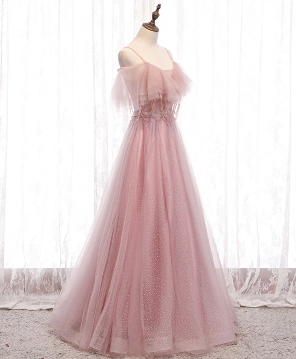Elegante vestido de fiesta largo de tul rosa con escote en A, tirantes finos y hombros descubiertos, vestido de noche GG315