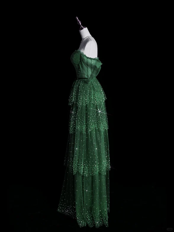 Vestido de fiesta largo de tul verde brillante con hombros descubiertos y cuentas, vestido de noche GG318