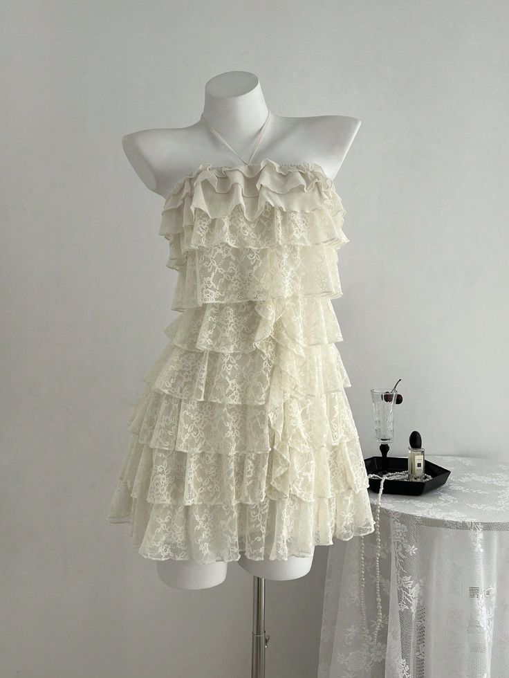 Vestido corto de gasa con encaje y cuello halter, corte A, para fiesta de bienvenida y cumpleaños, GG3287