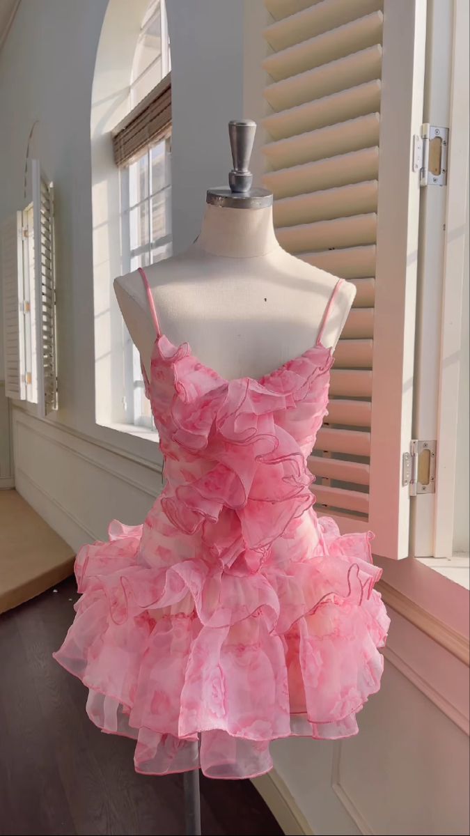 Vestido de fiesta corto de gasa con tirantes finos, corte A, para regreso a casa y cumpleaños, GG3310