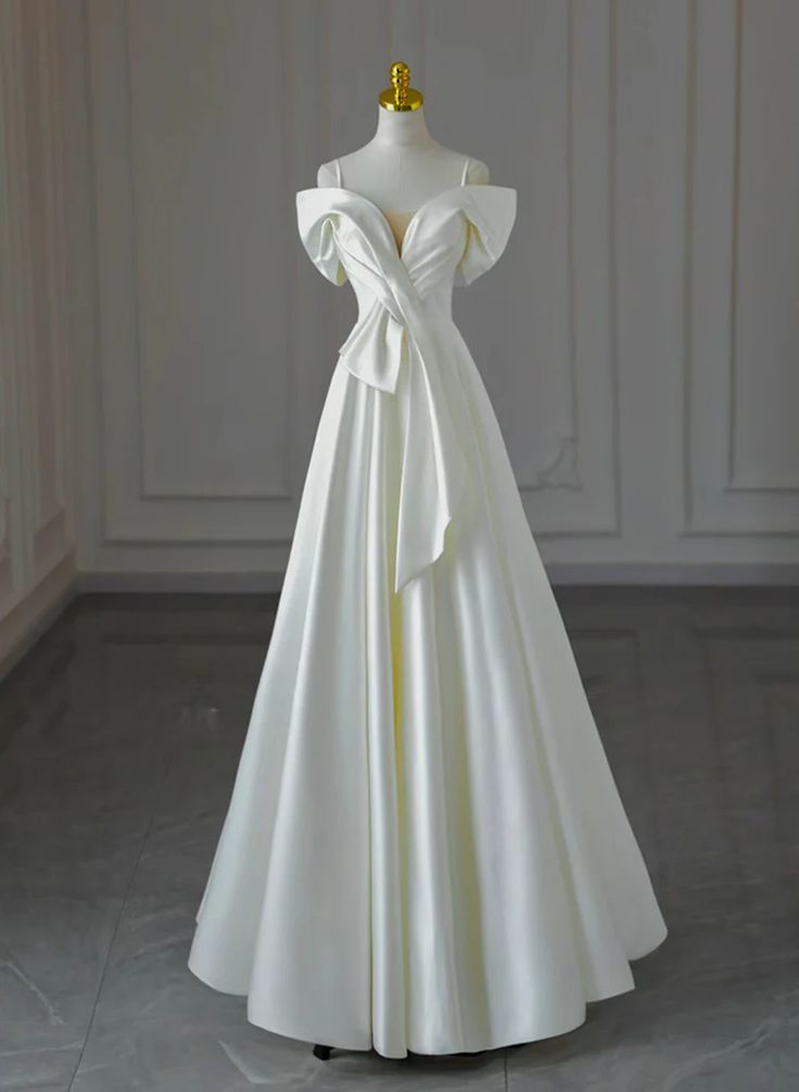 Vestido de fiesta largo de satén blanco, corte A, tirantes finos y hombros descubiertos, vestido de noche GG335