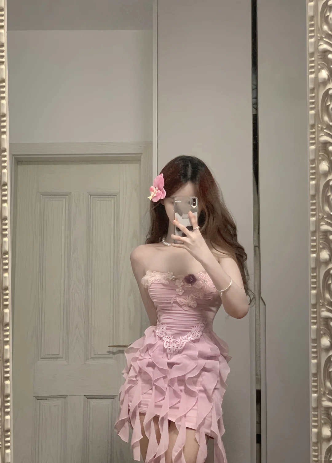 Vestido de fiesta corto rosa de gasa con volantes, corte A, sin tirantes, para regreso a casa y cumpleaños GG3371