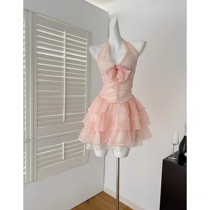 Vestido corto de gasa rosa con cuello halter, corte A, para fiesta de graduación, fiesta de cumpleaños, GG3391