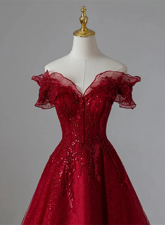 Elegante vestido de fiesta largo de tul rojo vino con lentejuelas y escote en forma de A, con hombros descubiertos, vestido de noche GG347