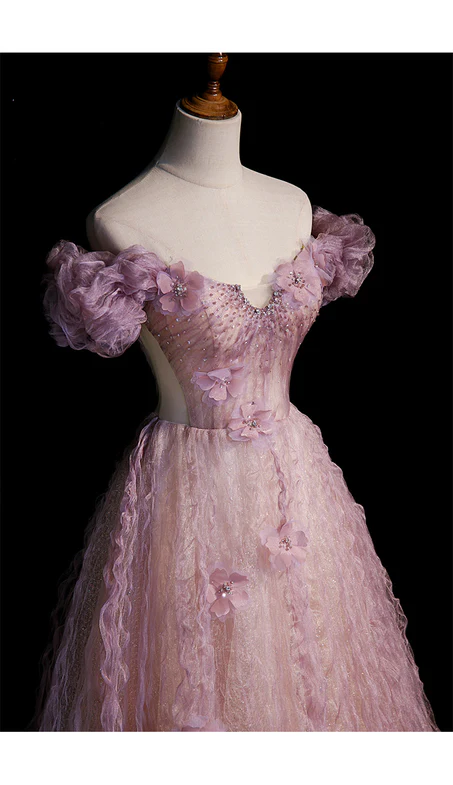 Elegante vestido de fiesta largo de tul con cuentas y flores, corte A, hombros descubiertos, vestido de noche GG349