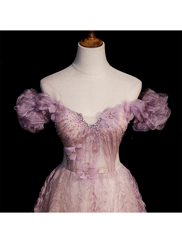 Elegante vestido de fiesta largo de tul con cuentas y flores, corte A, hombros descubiertos, vestido de noche GG349