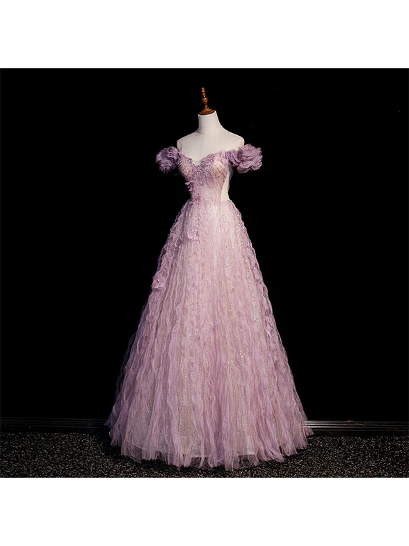 Elegante vestido de fiesta largo de tul con cuentas y flores, corte A, hombros descubiertos, vestido de noche GG349