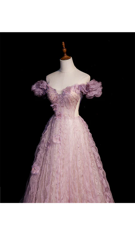 Elegante vestido de fiesta largo de tul con cuentas y flores, corte A, hombros descubiertos, vestido de noche GG349