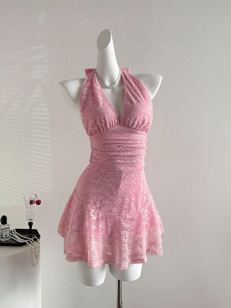 Vestido corto rosa de fiesta para quinceañeras, corte A, con cuello halter, satén y encaje, GG3675
