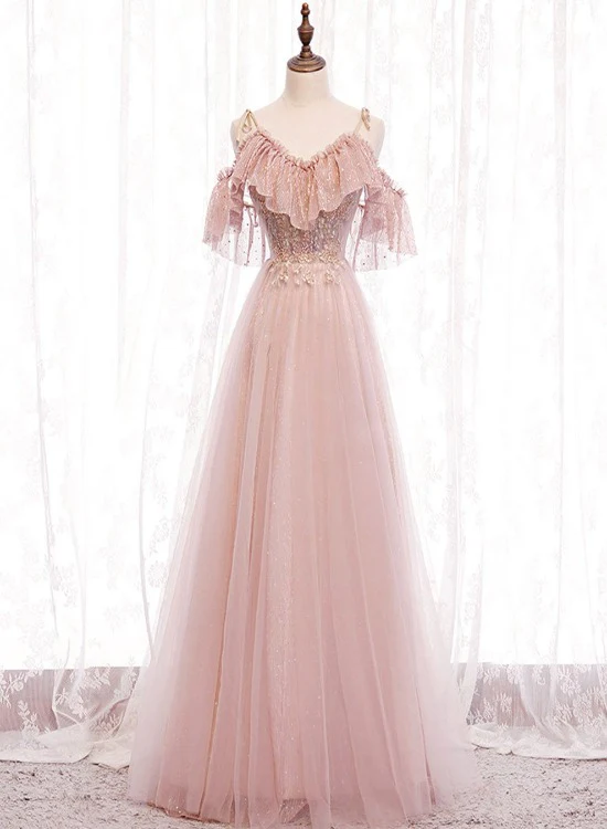 Elegante vestido de fiesta largo de tul rosa suave con hombros descubiertos, corte A, vestido de noche GG367