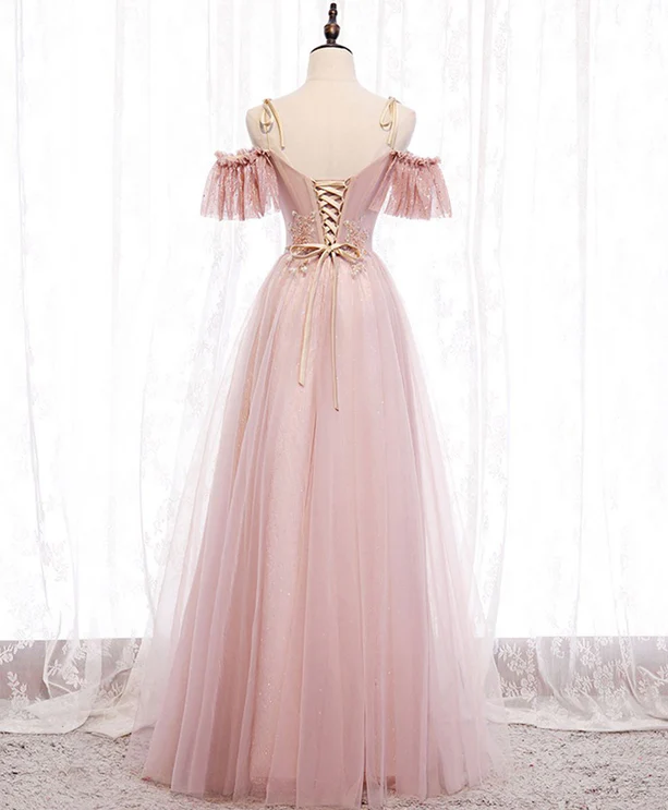 Elegante vestido de fiesta largo de tul rosa suave con hombros descubiertos, corte A, vestido de noche GG367
