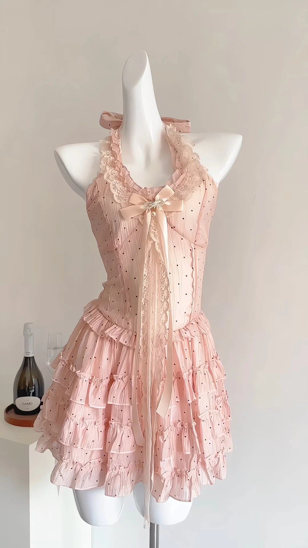 Sweet A Line Halter Satin Lace Polka Dots Short Homecoming Dress,Summer 16th Birthday Dress GG3803