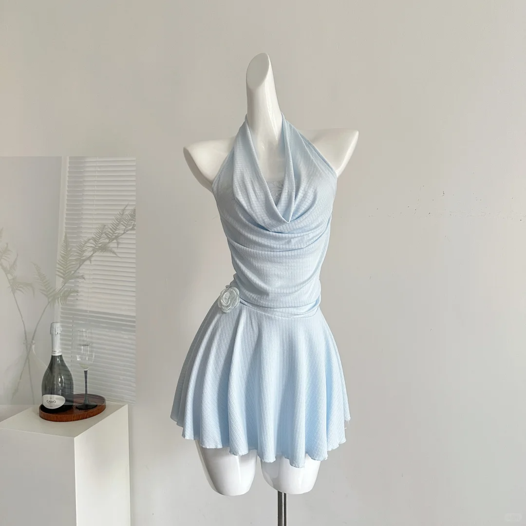 Vestido corto azul pálido de satén con cuello halter y flores para fiesta de bienvenida, para cumpleaños número 18, GG3815