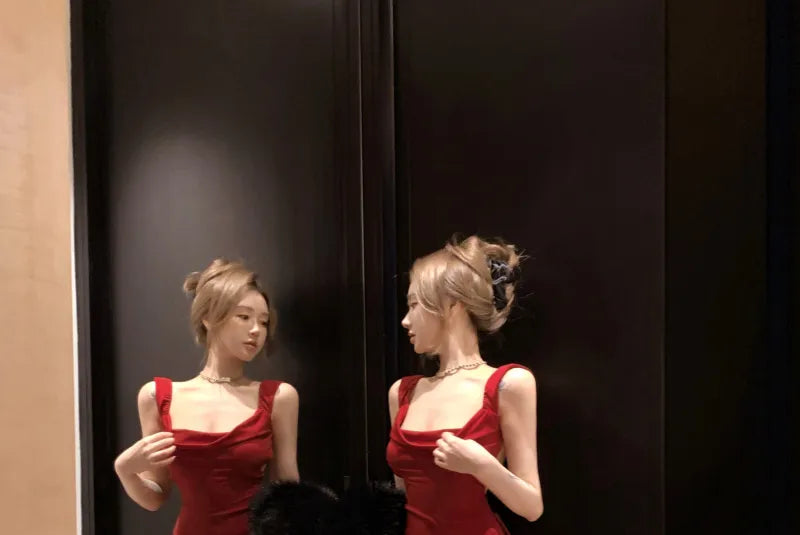 Vestido largo de fiesta, de noche y de satén rojo con escote de sirena, espalda descubierta y lazo (GG3848)