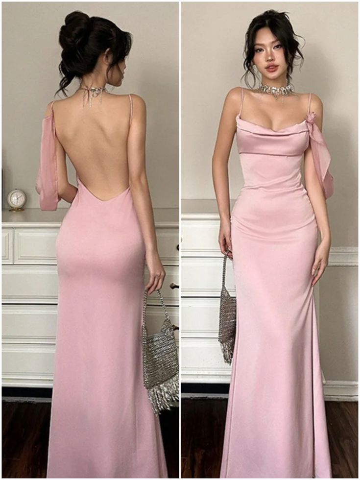 Vestido de fiesta largo de satén con tirantes finos, estilo sirena, color rosa, sin espalda, para graduación, noche, GG3849