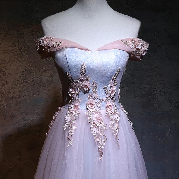 Hermoso vestido de fiesta largo con apliques y hombros descubiertos, vestido de noche GG384