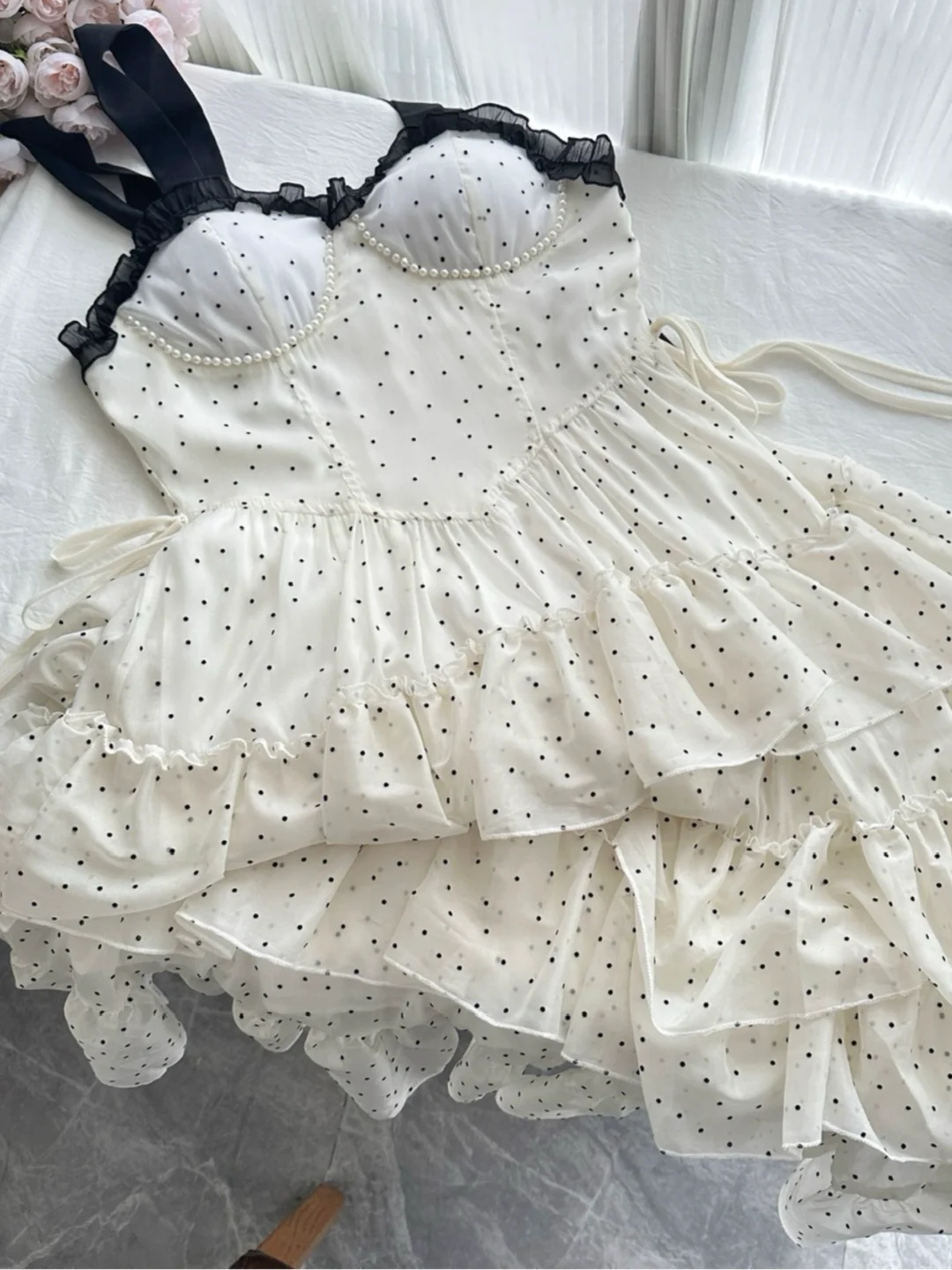 Vestido de fiesta largo de satén con tirantes finos, corte A, lunares y gasa, con capas, para graduación, noche, GG3863