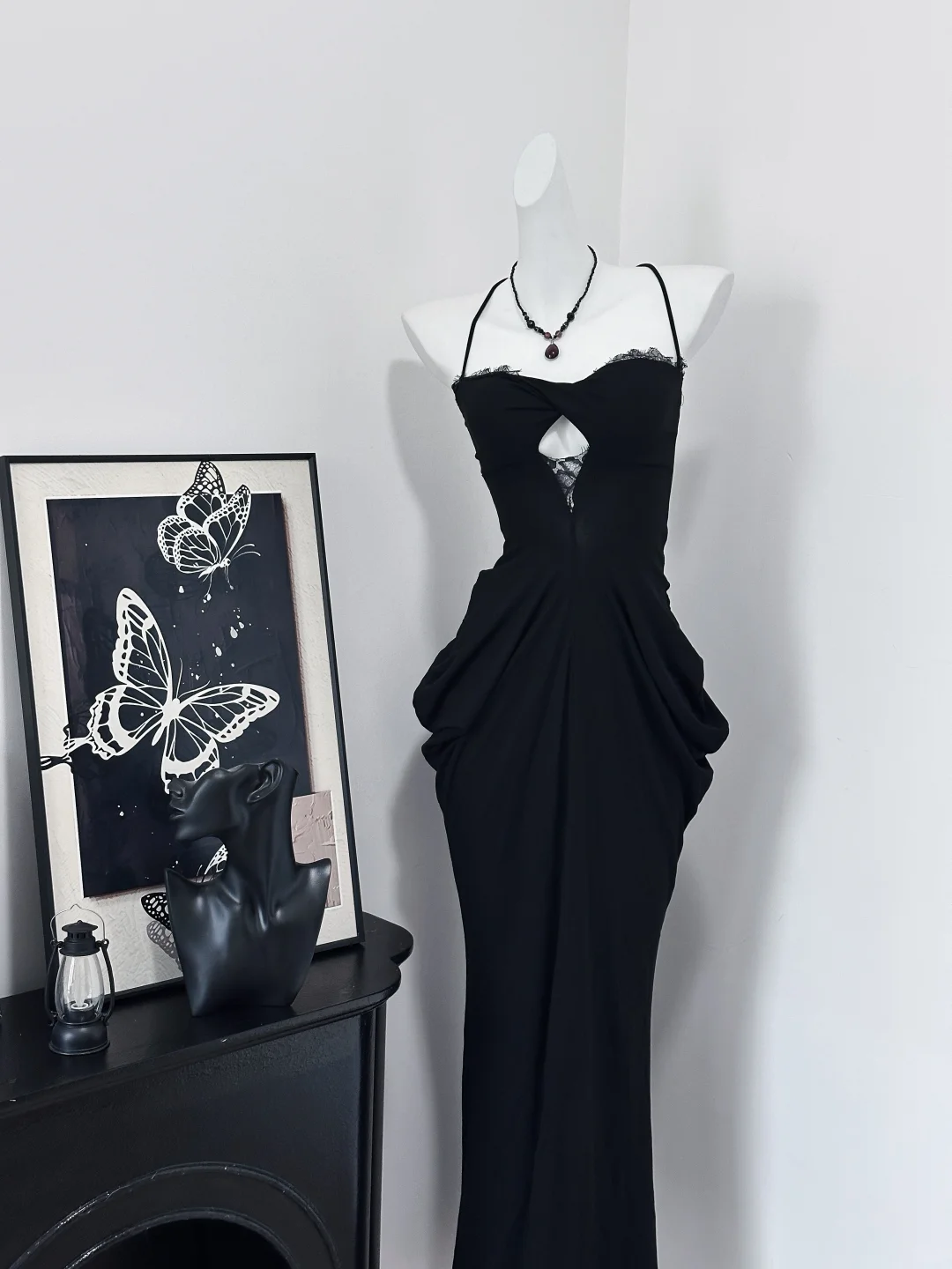Vestido largo de sirena con tirantes finos y encaje de satén negro, sexy, para fiesta de graduación o de noche, GG3866