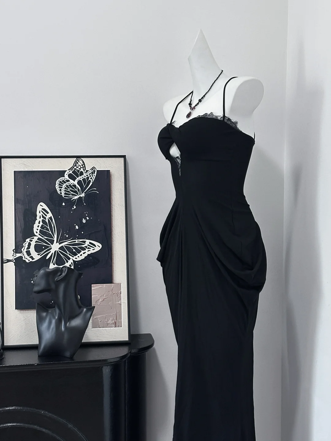 Vestido largo de sirena con tirantes finos y encaje de satén negro, sexy, para fiesta de graduación o de noche, GG3866