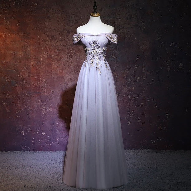 Hermoso vestido de fiesta largo con apliques de tul y hombros descubiertos, vestido de noche GG386