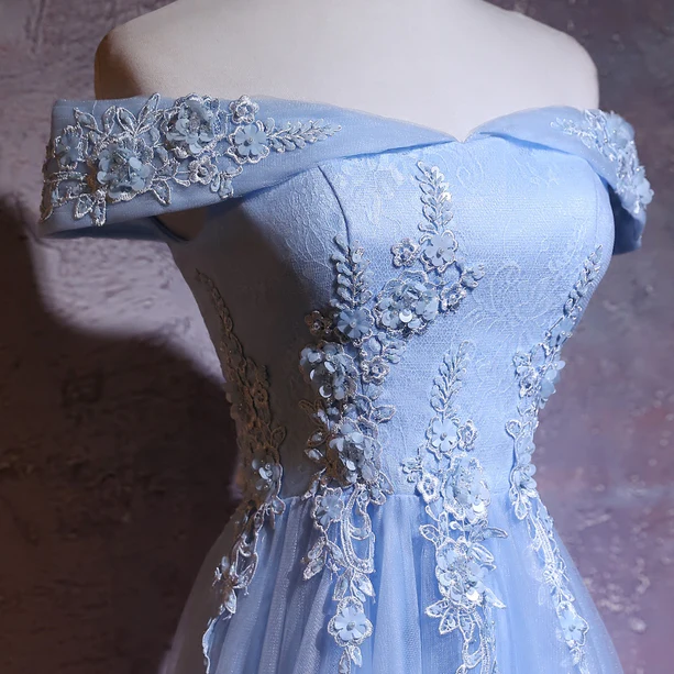 Hermoso vestido de fiesta largo con apliques de tul y hombros descubiertos, vestido de noche GG387
