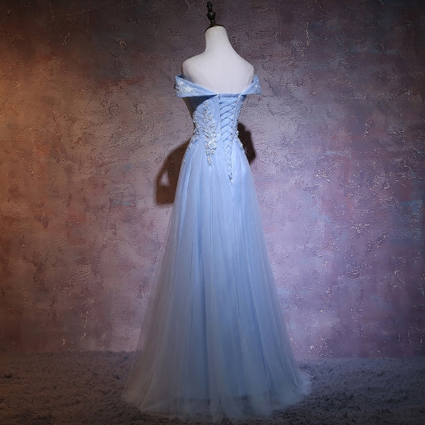 Hermoso vestido de fiesta largo con apliques de tul y hombros descubiertos, vestido de noche GG387
