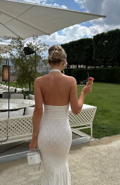 Impresionante vestido de fiesta largo de satén con encaje y escote halter de sirena, vestido de noche GG3880
