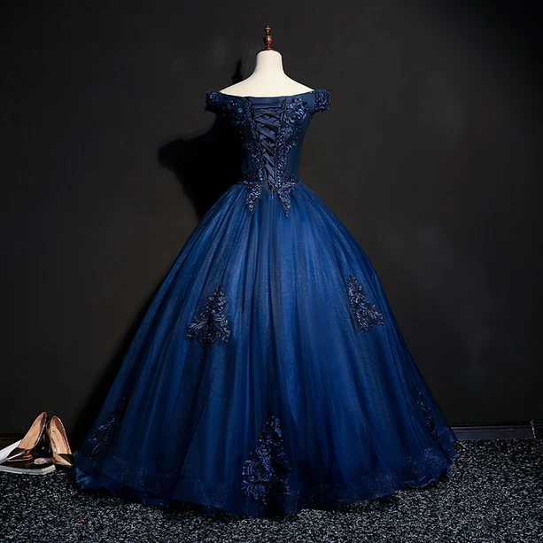 Hermoso vestido de fiesta largo de tul azul oscuro con hombros descubiertos y apliques, vestido de noche GG388