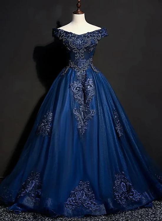 Hermoso vestido de fiesta largo de tul azul oscuro con hombros descubiertos y apliques, vestido de noche GG388