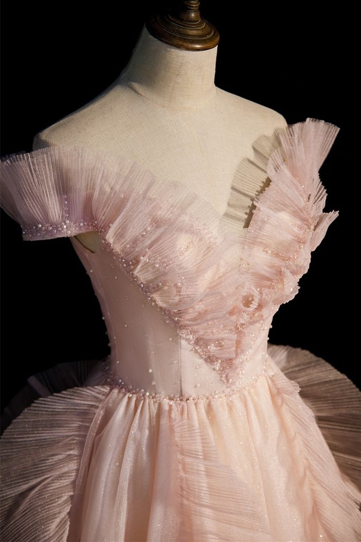 Vestido de fiesta largo elegante de tul rosa con lentejuelas y hombros descubiertos, corte en A, vestido de noche GG405