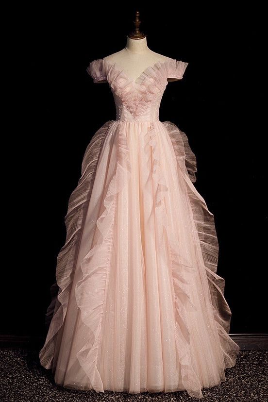 Vestido de fiesta largo elegante de tul rosa con lentejuelas y hombros descubiertos, corte en A, vestido de noche GG405