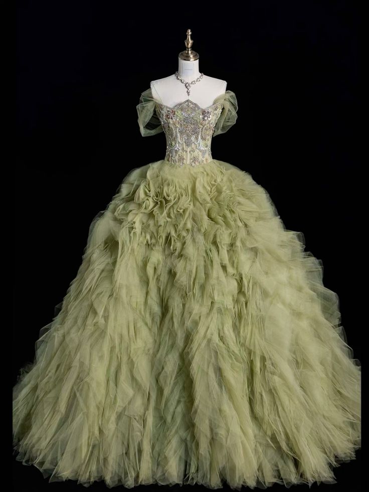 Exquisito vestido de fiesta largo de tul verde con lentejuelas y hombros descubiertos, vestido de noche GG424