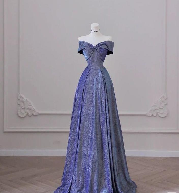 Elegante vestido de fiesta largo de satén morado con hombros descubiertos y corte en A, vestido de noche GG438