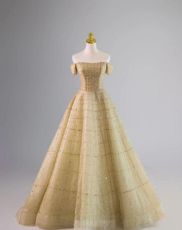 Hermoso vestido de fiesta largo de tul dorado con cuentas y hombros descubiertos, vestido de noche GG451
