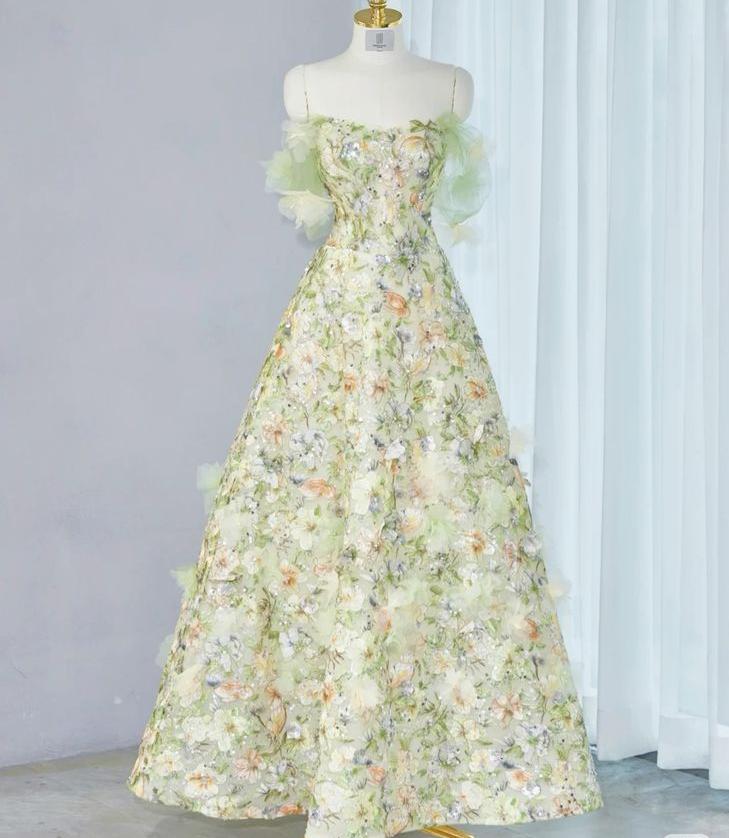 Hermoso vestido de fiesta largo con estampado de hombros descubiertos y corte en A, vestido de noche GG472