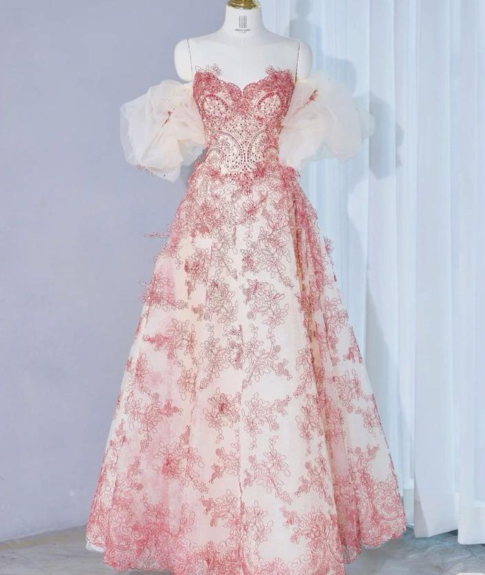 Hermoso vestido de fiesta largo de tul con apliques y hombros descubiertos, vestido de noche GG473