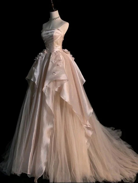 Exquisito vestido de fiesta largo de tul rosa con cuentas, sin tirantes, corte A, para novia y noche, GG475