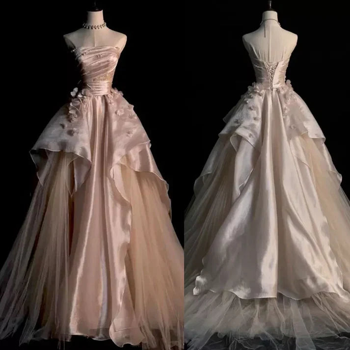 Exquisito vestido de fiesta largo de tul rosa con cuentas, sin tirantes, corte A, para novia y noche, GG475