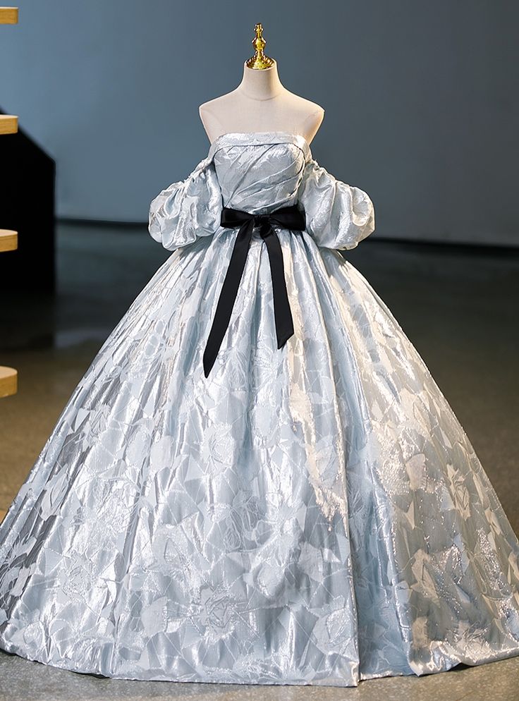 Elegante vestido de fiesta gris sin tirantes, hombros descubiertos, pliegues, mangas abullonadas, vestido de fiesta largo, vestido de noche GG479