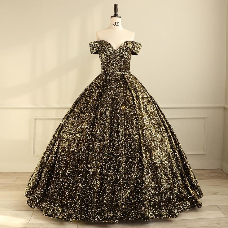 Vestido de fiesta largo con lentejuelas doradas y hombros descubiertos, brillante, GG481