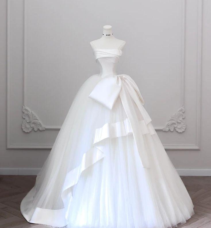 Hermoso vestido de fiesta largo de tul con lazo de satén blanco sin tirantes, vestido de novia o de noche GG484